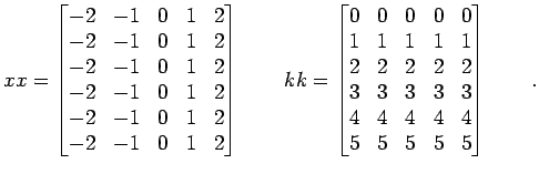 $\displaystyle xx = \begin{bmatrix}-2 & -1 & 0 & 1 & 2  -2 & -1 & 0 & 1 & 2 \\...
... 3 & 3 & 3 & 3  4 & 4 & 4 & 4 & 4  5 & 5 & 5 & 5 & 5 \end{bmatrix} \qquad .$