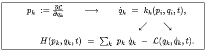 $\displaystyle \fbox{ $ \begin{array}{lcr} && p_k  := \frac{\partial \cal L}{\p...
... \sum_k  p_k  \dot{q}_k  -  {\cal L}(q_k, \dot{q}_k , t). \end{array} $ }$