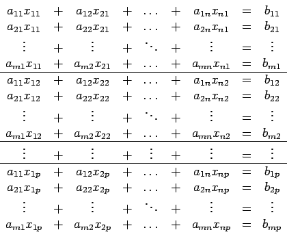 \begin{displaymath}\begin{array}{cccccccccc} a_{11}x_{11} & + & a_{12}x_{21} & +...
...{2p} & + & \dots & + & a_{mn}x_{np} & = & b_{mp}  \end{array}\end{displaymath}