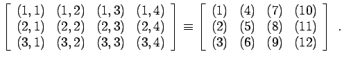 $\displaystyle \left[ \begin{array}{cccc} (1,1) & (1,2) & (1,3) & (1,4)  (2,1)...
...0)  (2) & (5) & (8) & (11)  (3) & (6) & (9) & (12) \end{array} \right] \; .$
