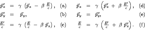 \begin{displaymath}\begin{array}{rclcrclc} \vec{p}_x{\!\!'} & = & \gamma  \left...
... +  \beta  \vec{p}_x{\!\!'}\right). & \mbox{(f)} \end{array}\end{displaymath}