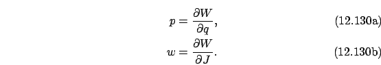 \begin{subequations}\begin{align}p &= \frac{\partial W}{\partial q}, w &= \frac{\partial W}{\partial J}. \end{align}\end{subequations}
