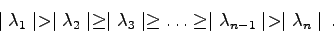 \begin{displaymath}
\mid \lambda_{1} \mid > \mid \lambda_{2} \mid \geq \mid \lam...
...eq
\ldots \geq \mid\lambda_{n-1}\mid > \mid\lambda_{n} \mid .
\end{displaymath}