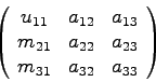 \begin{displaymath}\left(\begin{array}{ccc} u_{11} & a_{12} & a_{13} \\
m_{21} & a_{22} & a_{23}  m_{31} & a_{32} & a_{33} \end{array}\right)\end{displaymath}