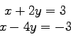 \begin{displaymath}
\begin{array}{c}
x+2y=3  x-4y=-3 \end{array}
\end{displaymath}